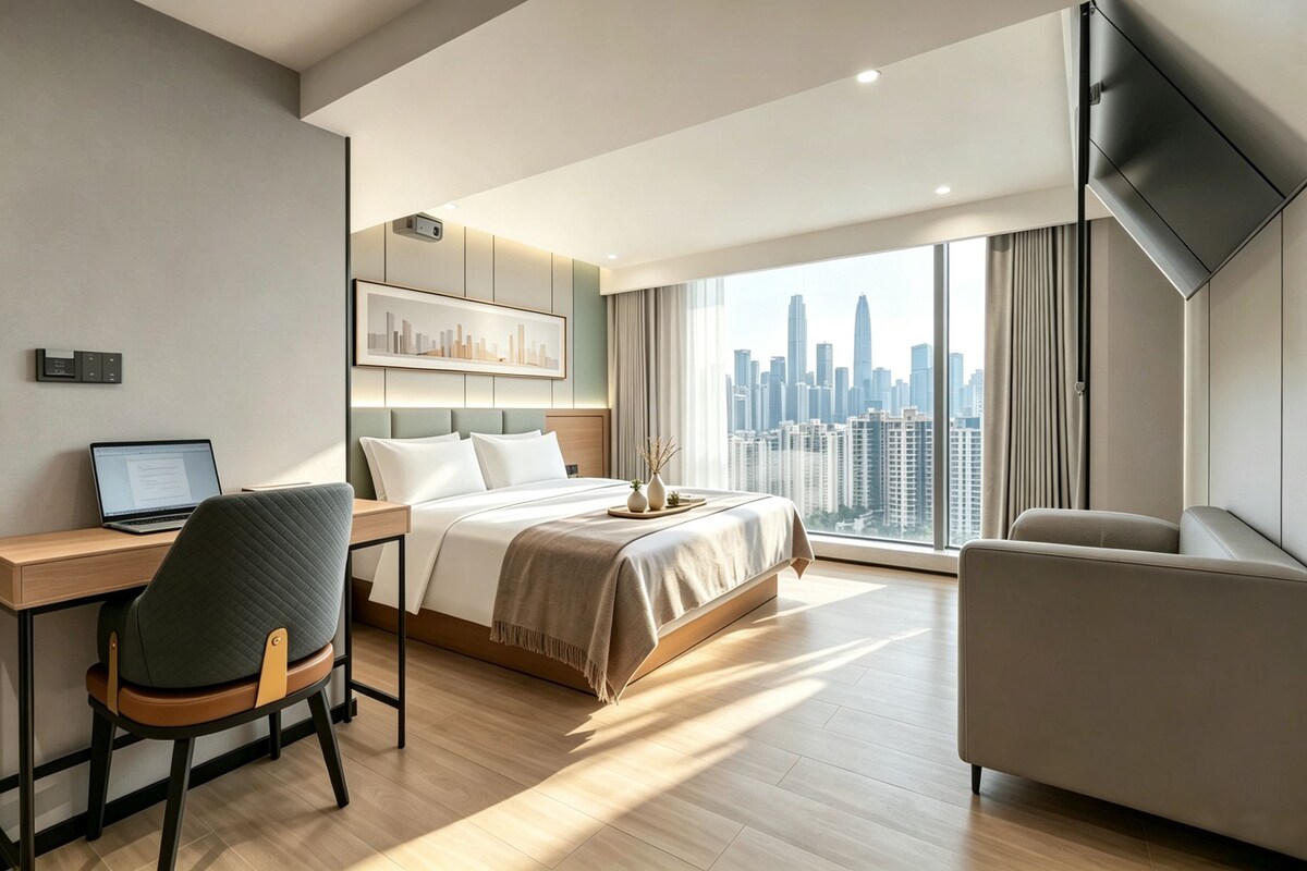 Een moderne hotelkamer met een bed, een bureau met een laptop, een stoel, een bank, een aan de muur bevestigde televisie en een groot raam met uitzicht op de stad.