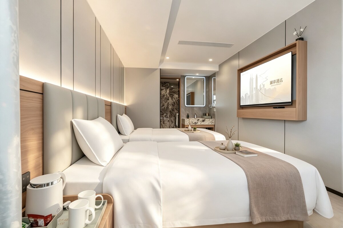 Een moderne hotelkamer met een groot bed, nachtkastjes, een televisie en een zichtbare badkamer door een open deur.