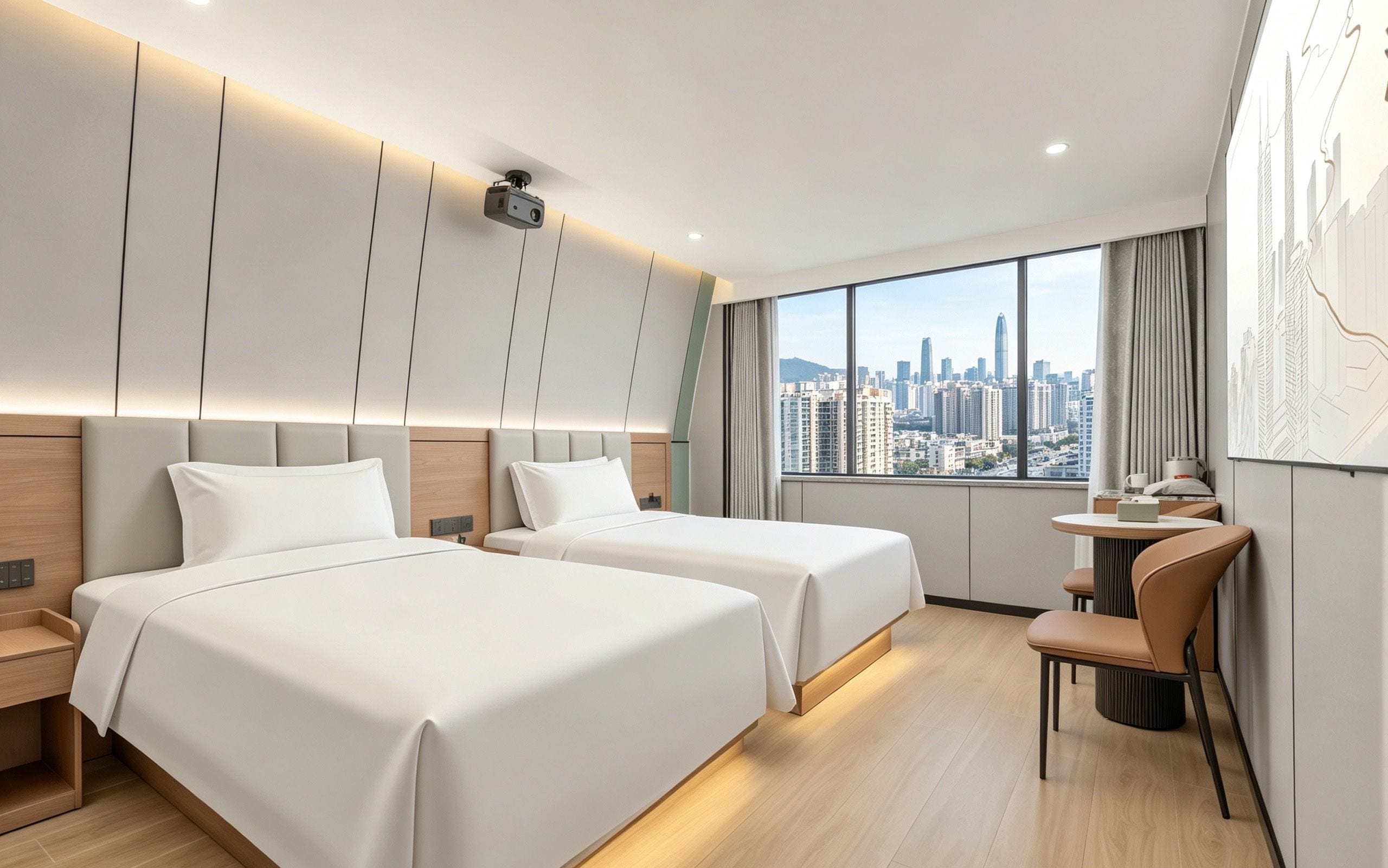 Habitación de hotel con dos camas, un escritorio y vistas al horizonte de la ciudad.
