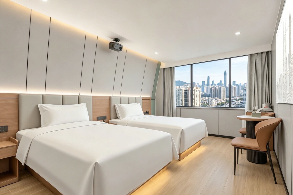 Een hotelkamer met twee bedden, een bureau en uitzicht op de skyline van de stad.
