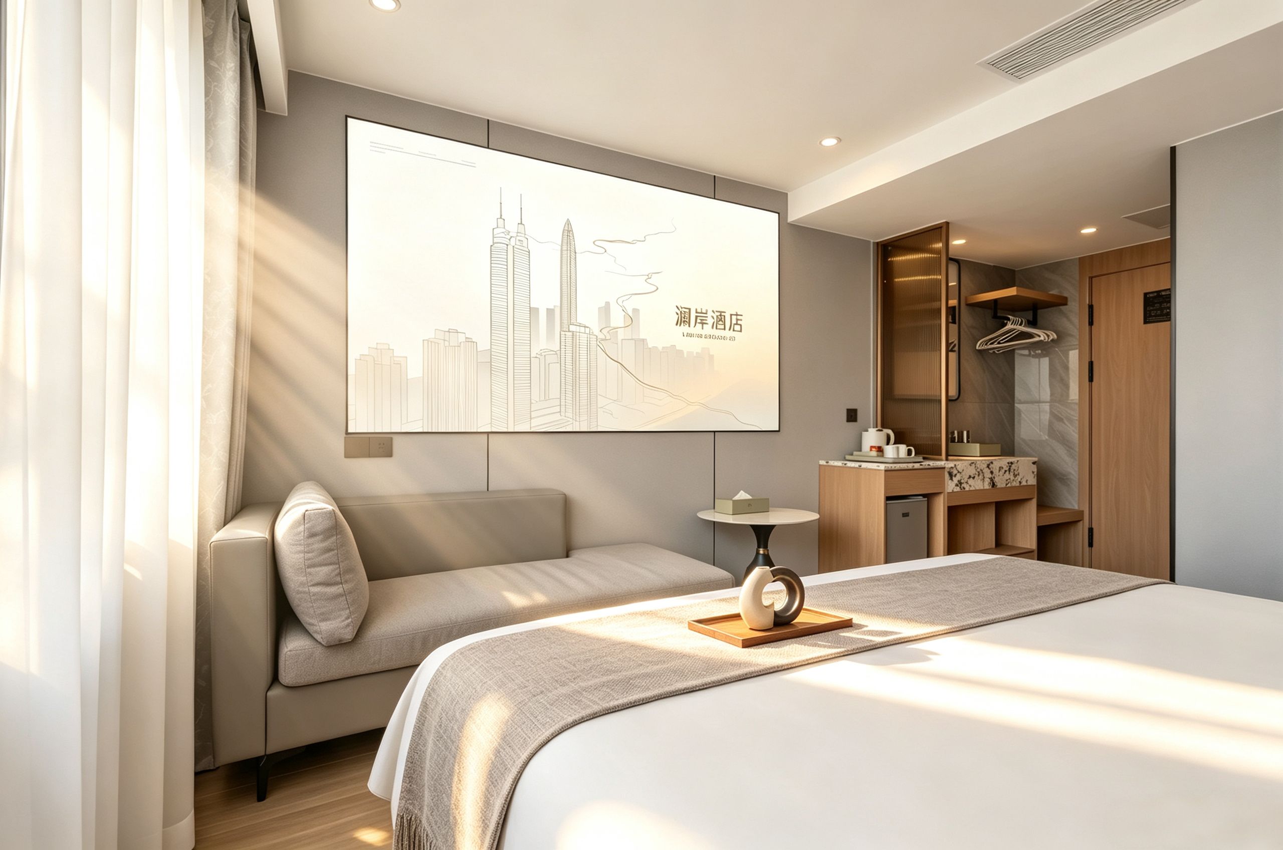 A modern hotel room with a bed, a seating area, a desk, and a large cityscape artwork on the wall.