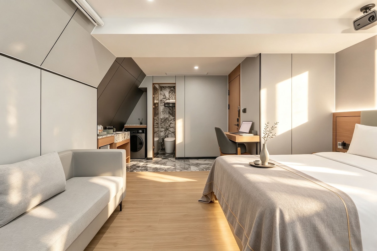 Una habitación de hotel moderna con sofá, cama, escritorio y laptop, y baño con ducha de mármol.