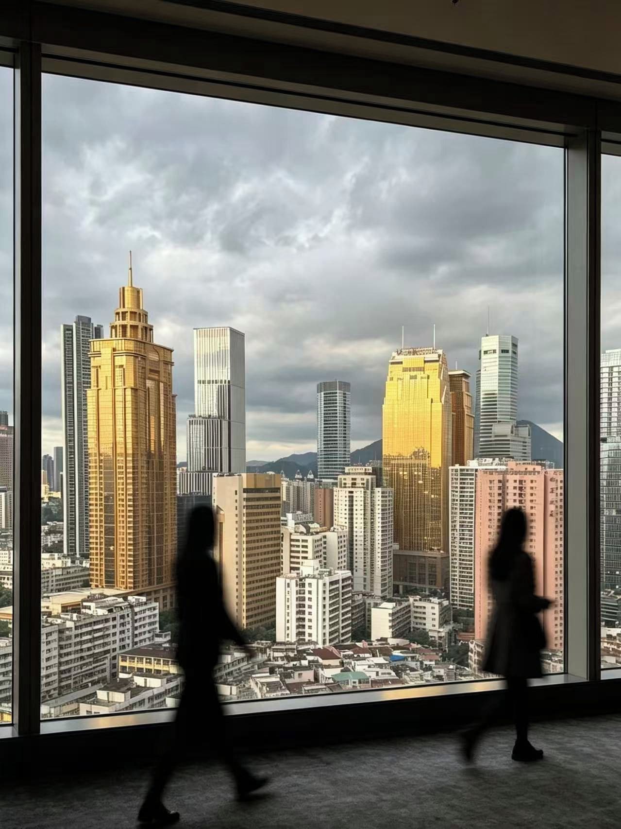 Vista de un paisaje urbano a través de amplios ventanales, con edificios de diferentes alturas y estilos.