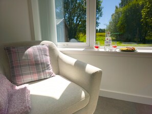Ein Zimmer mit Fenster, eine Couch mit Karokissen, ein Glas Wasser, eine Flasche Caorunn und eine Auswahl an Snacks.