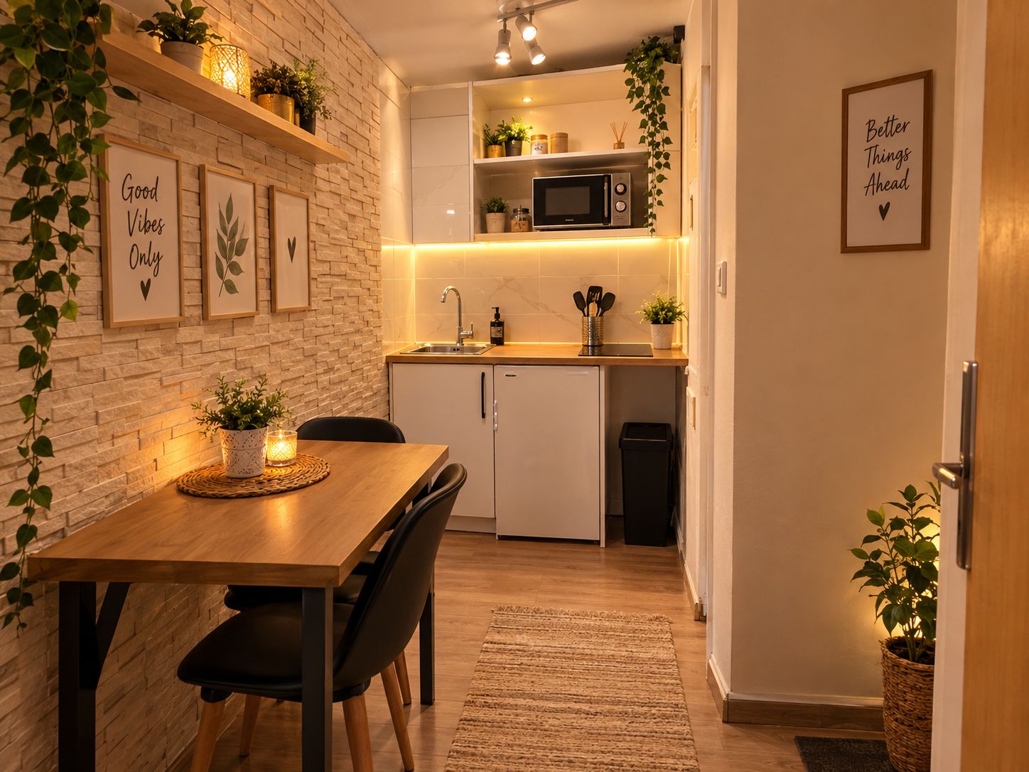 Cocina compacta con microondas, pileta y heladera pequeña. Hay una mesa de comedor con sillas y un alfombra en el piso.