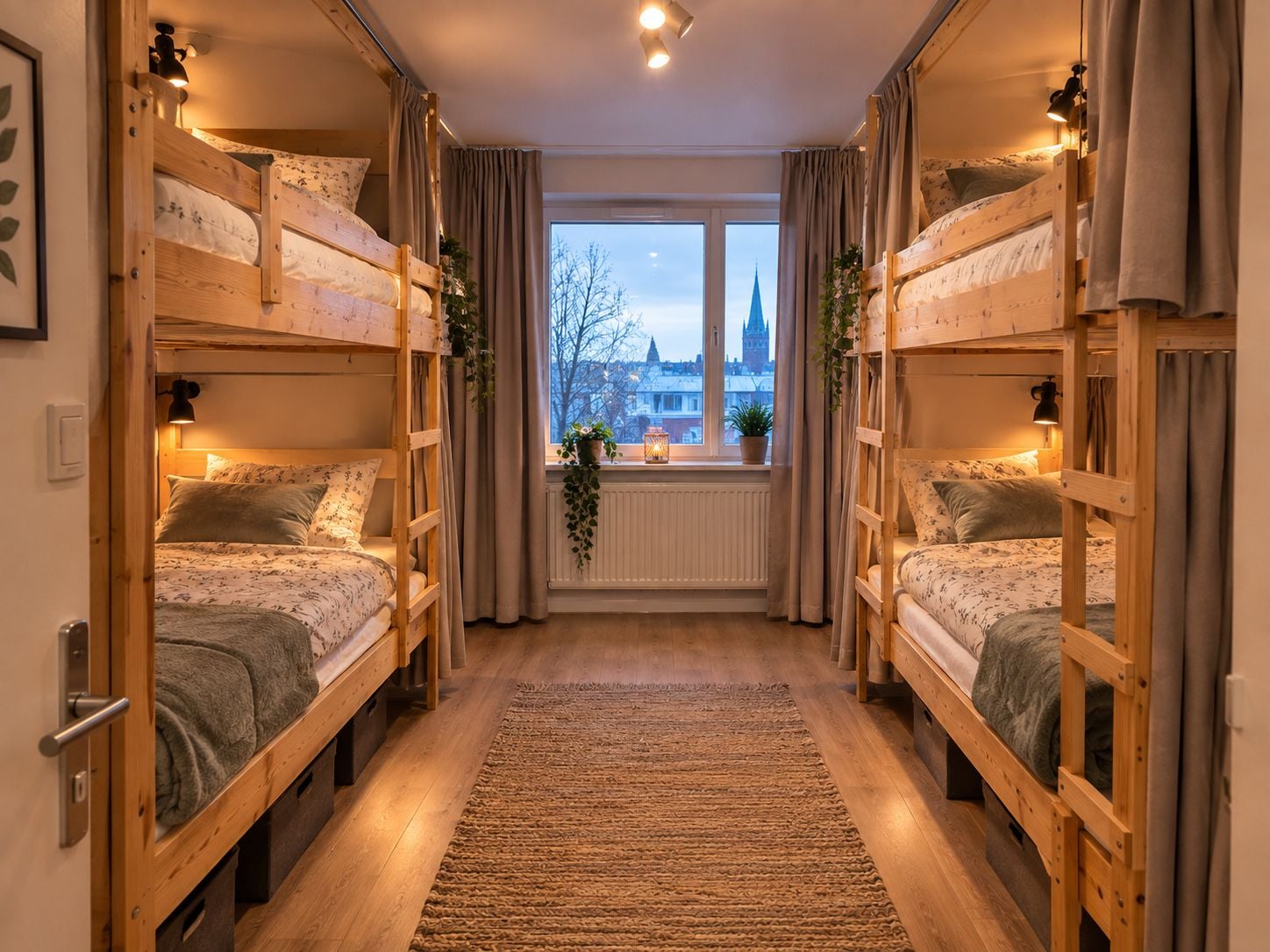 Una habitación con literas, una ventana con vista a un edificio y un radiador.