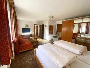 A hotel room with a bed, a sofa, a chair, a small table, and a television. - Vacation rental with a kitchen-living room and a separate bedroom, accommodating up to 4 people, on the 1st floor (40 square meters) (Aschau im Chiemgau)