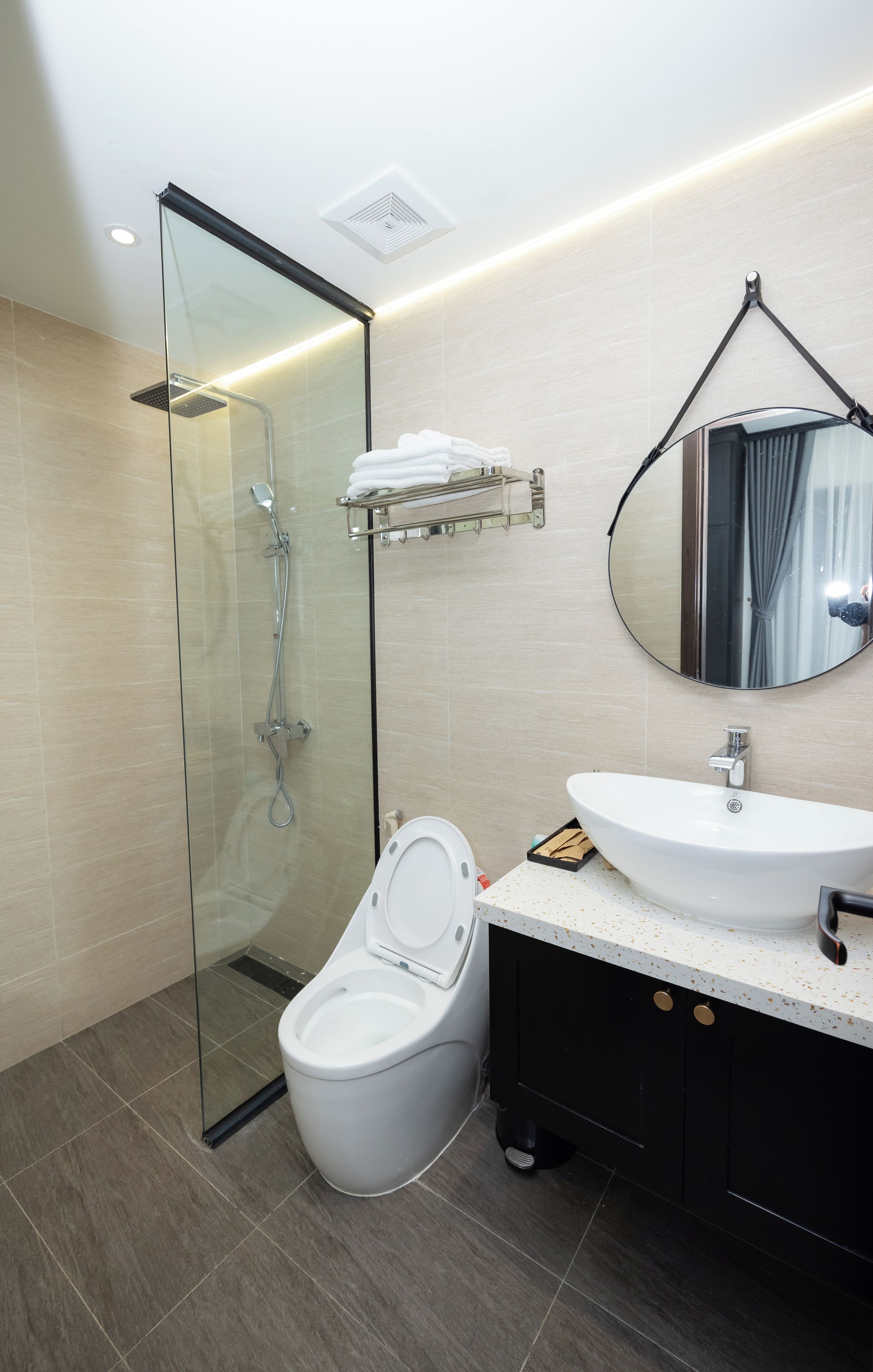 A modern bathroom with a glass-enclosed shower, a white toilet, a sink with a mirror above it, and a towel rack.