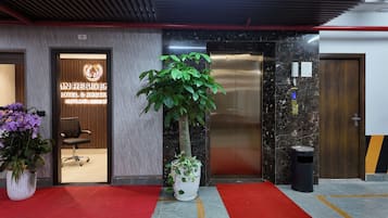 A hotel reception area with a reception desk, a potted plant, an elevator, and a trash bin.
