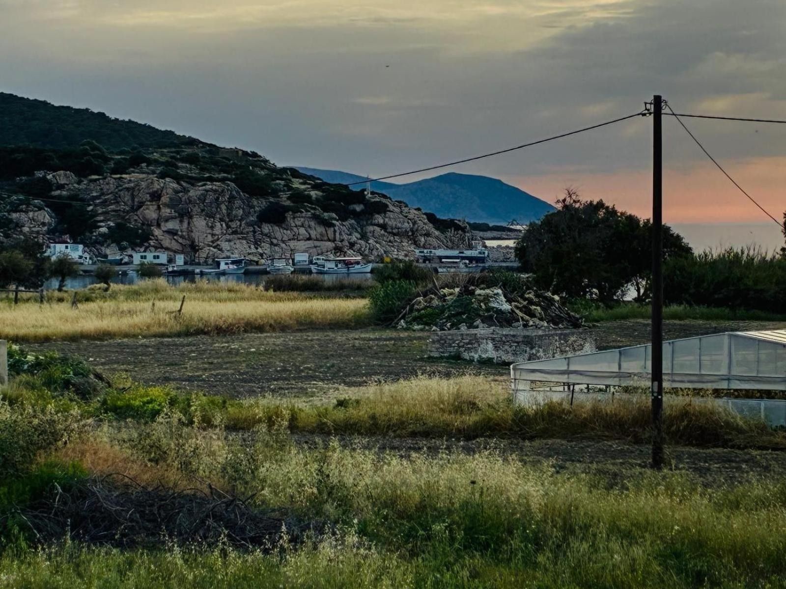 Un paysage rural avec une rangée de maisons, une serre et une montagne en arrière-plan.