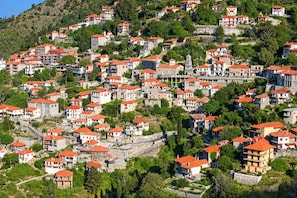 Ein an einem Hang gelegenes Dorf mit eng bebauten Häusern, schmalen Gassen und einer Mischung aus Wohn- und möglicherweise Geschäftsgebäuden.