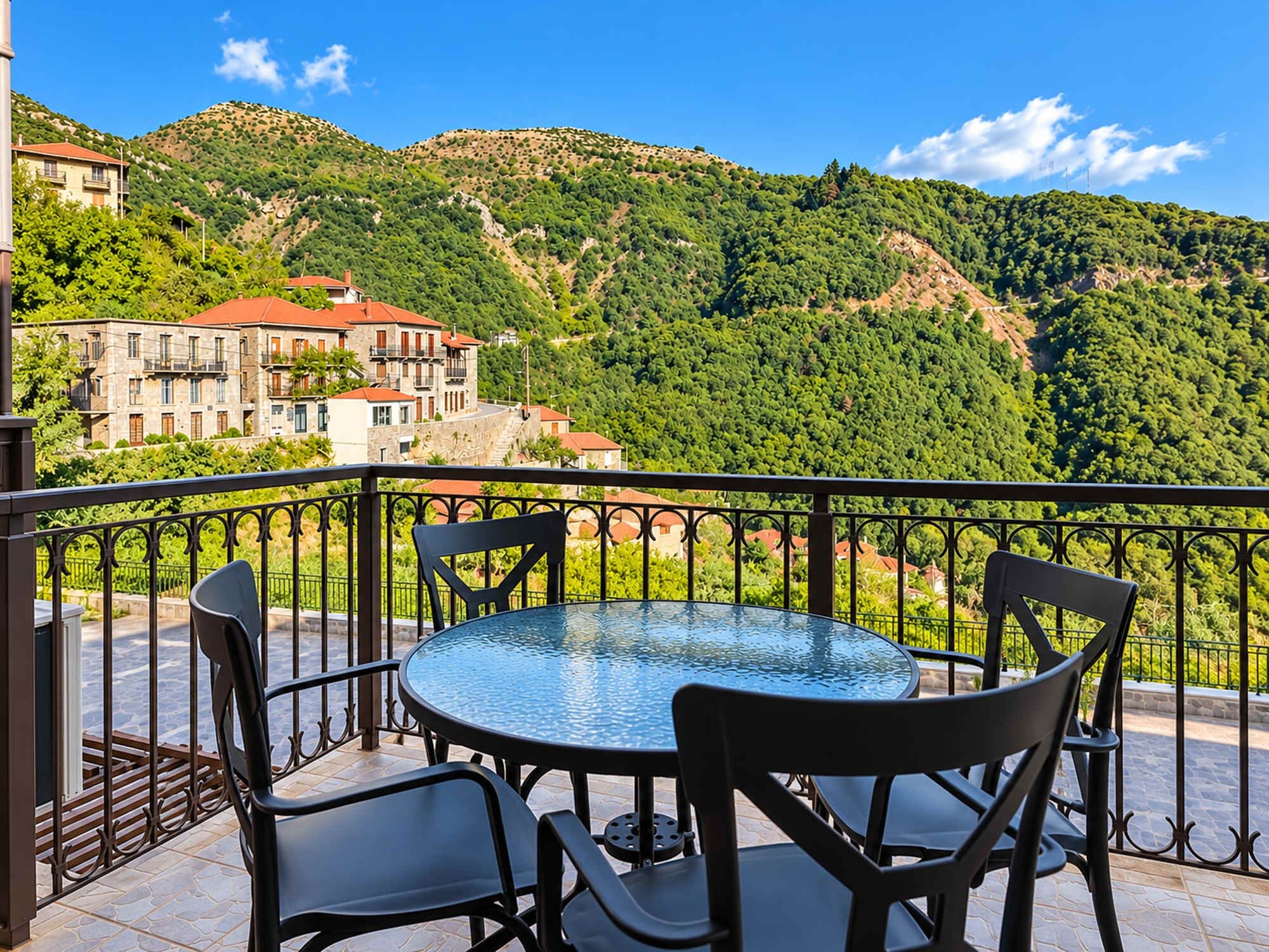 Una mesa redonda con cuatro sillas en un balcón con baranda metálica, con vistas a una colina con edificios y vegetación.