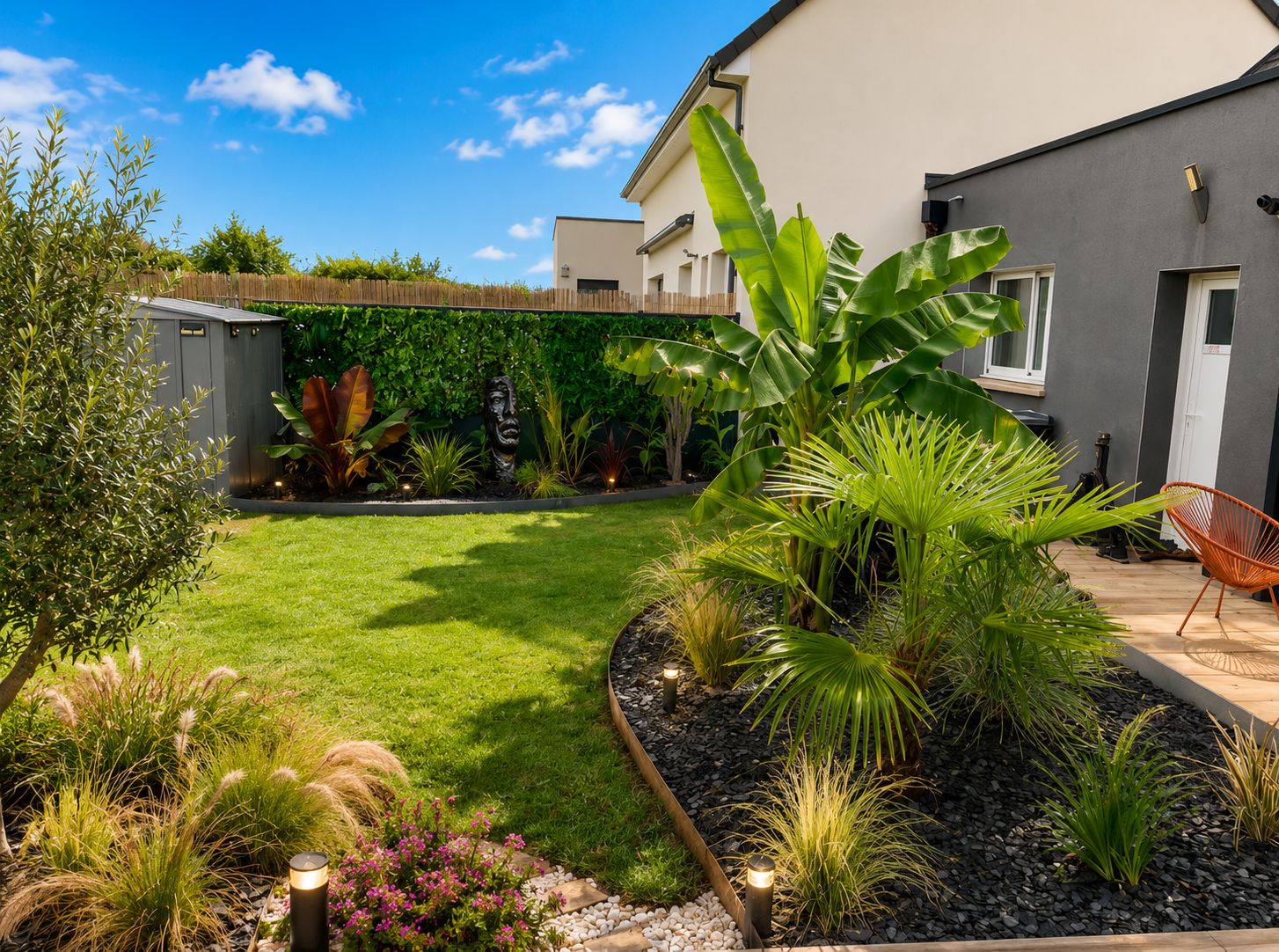 Un jardin bien entretenu, agrémenté de diverses plantes et d’une pelouse, ainsi qu’une clôture en bois et un bâtiment moderne doté d’une porte et de fenêtres.