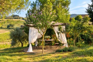Ein rustikaler Sitzbereich im Freien mit einer Pergola, Tischen und Stühlen.