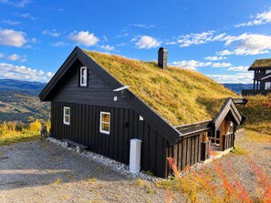A black wooden house with a grass roof, a chimney, and a small porch. - Mountain View at Gol Ski Resort with Sauna (Gol)