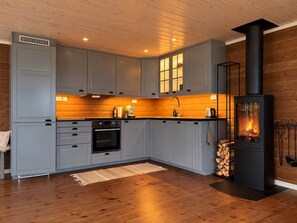 A modern kitchen with grey cabinets, a black stove, and wooden flooring. - Mountain View at Gol Ski Resort with Sauna (Gol)