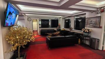Uma sala de estar moderna com um tapete vermelho, um sofá preto, uma TV de tela plana e uma árvore decorativa.