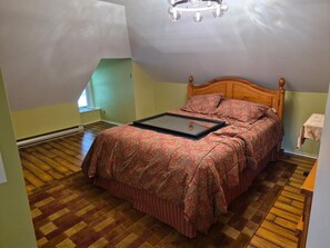 A bedroom with a wooden bed, patterned bedding, and a skylight.
