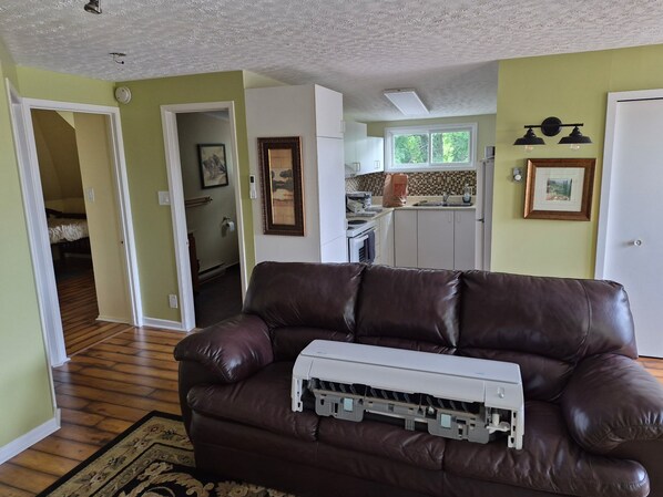 A living room with a brown leather couch, a white air conditioning unit, and a kitchen in the background.