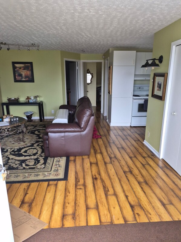 A living room with a brown leather sofa, a patterned rug, and a wooden floor.