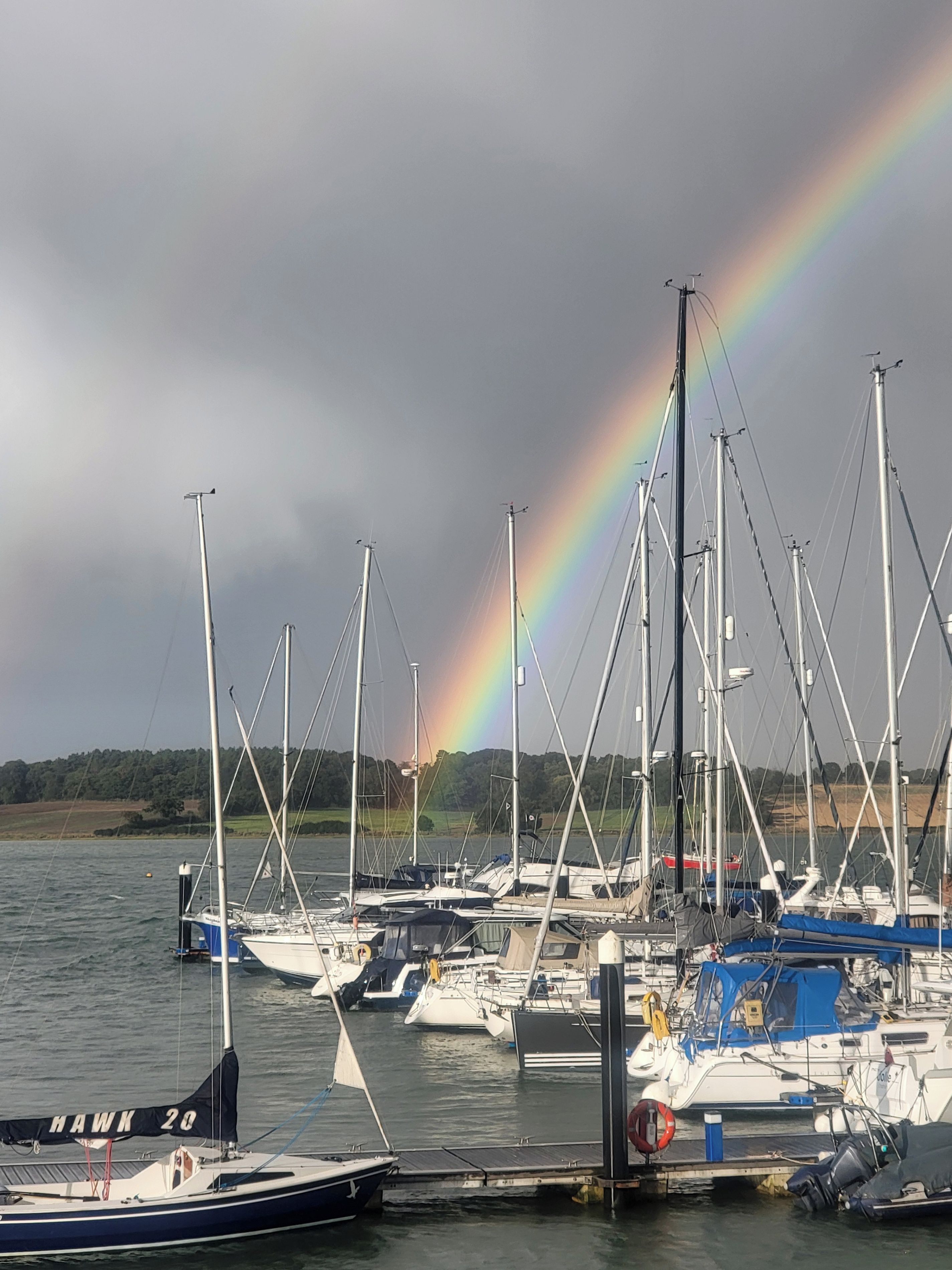 A marina with multiple sailboats docked, a visible rainbow, and a grassy landscape in the background.