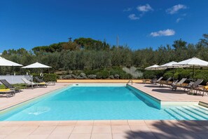 Ein Swimmingpool mit Liegestühlen und Sonnenschirmen, umgeben von Bäumen und blauem Himmel.