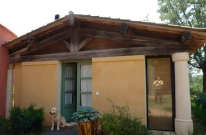 A house with a wooden porch, a green door, and a dog sitting outside.