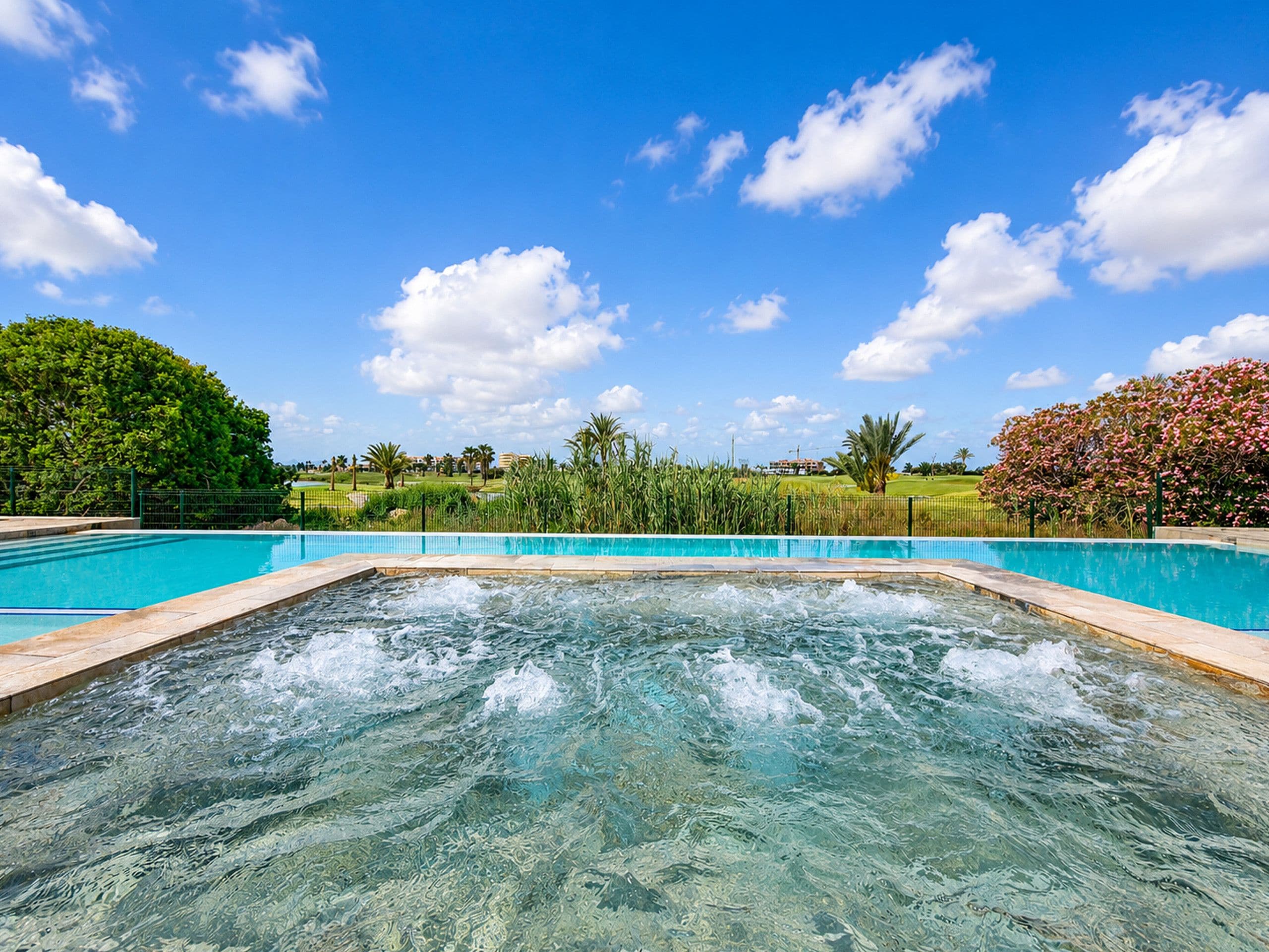 Una piscina con agua cristalina, rodeada de follaje y un cielo despejado.