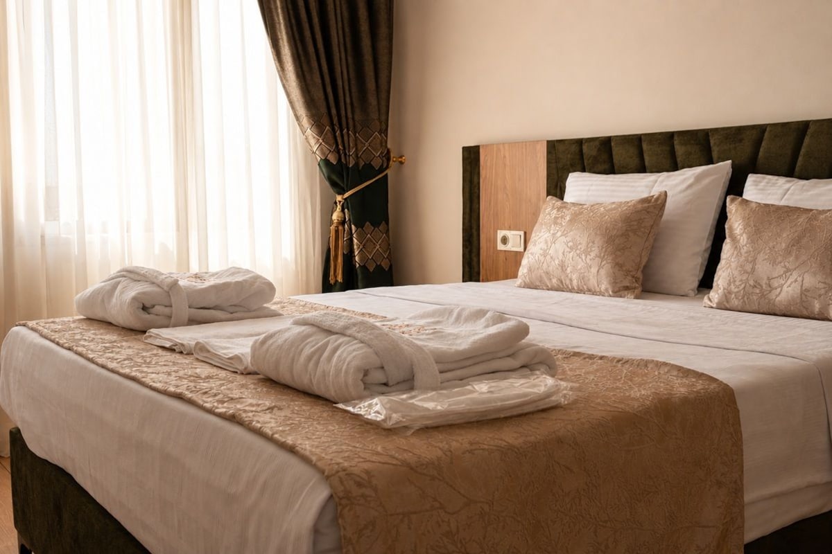 Una habitación de hotel con una cama bien hecha, un cabecero y un ventanal con cortinas.
