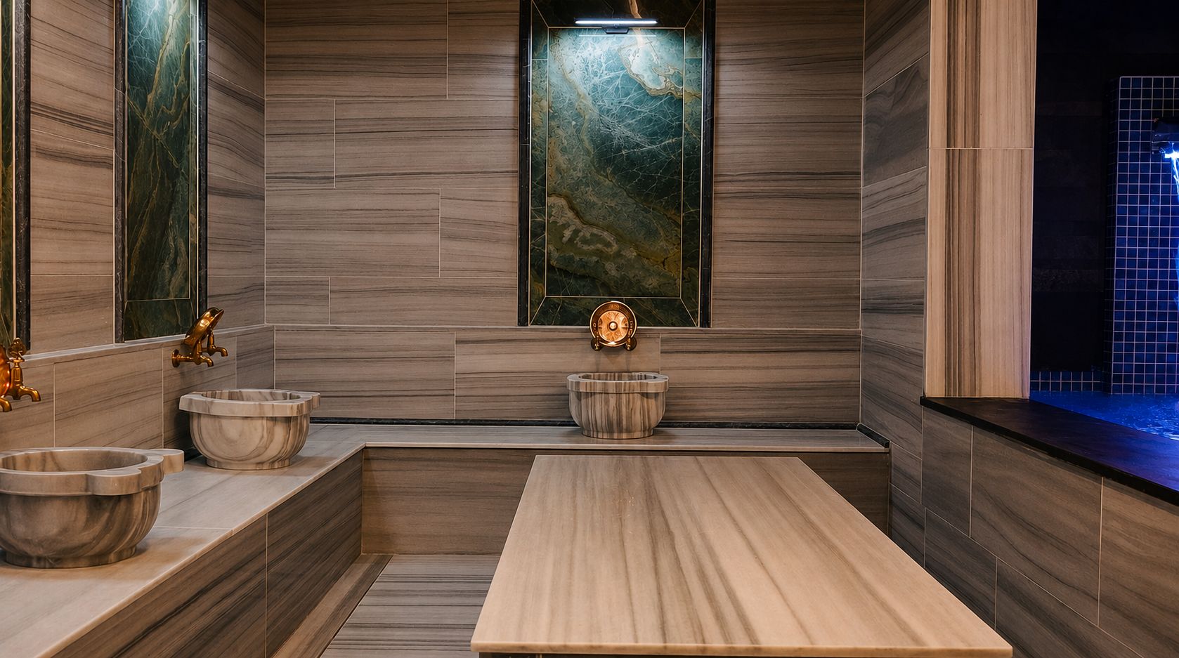 A modern bathroom with marble sinks, a wooden vanity, and a large mirror.