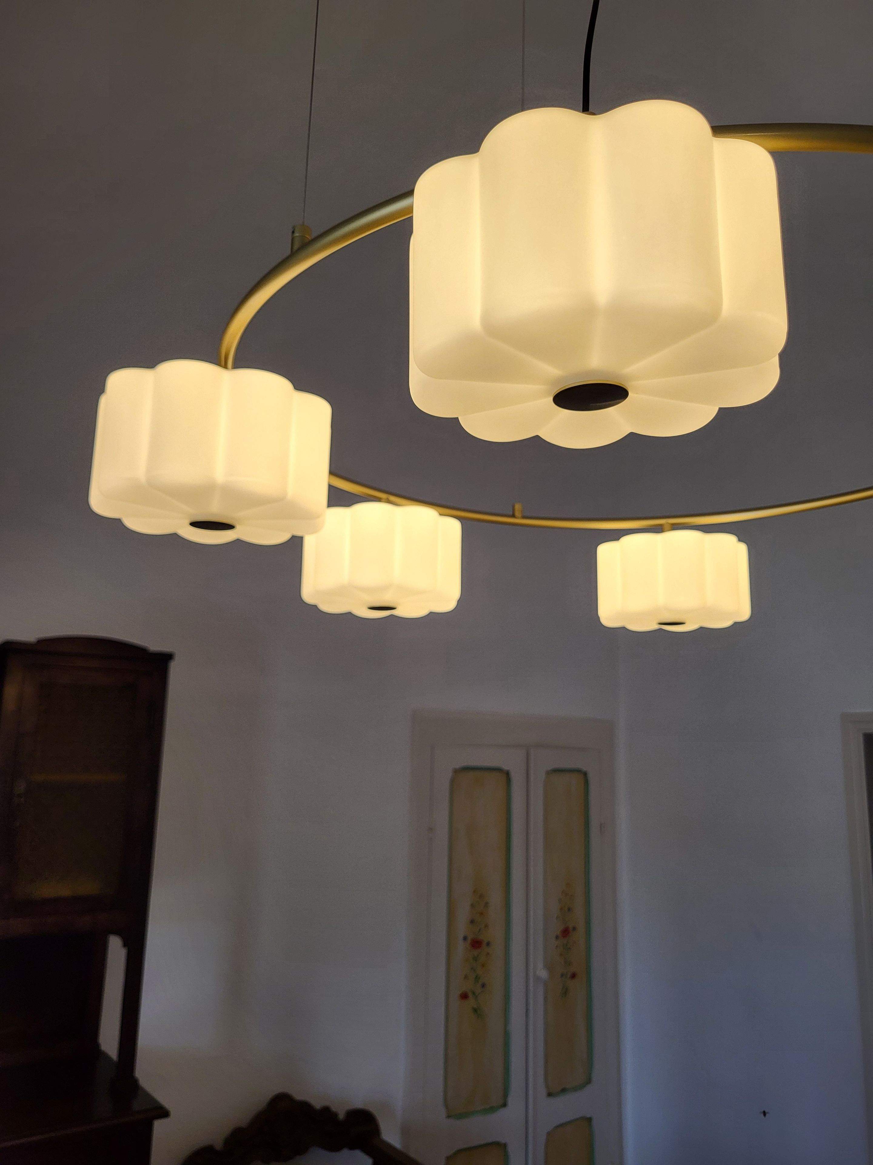 A room with a ceiling light fixture and a door with floral patterns.