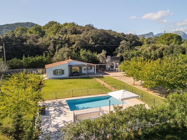 A house with a swimming pool, surrounded by a well-maintained lawn and trees. - Great garden, 2 bedrooms, ideal for couples (Pollensa / Pollença)
