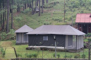Dos tiendas de campaña con una pequeña ventana y una puerta, rodeadas por una valla, situadas en una zona cubierta de césped con árboles al fondo.
