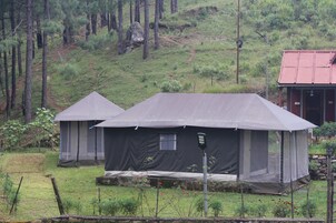 Dos tiendas de campaña con una pequeña ventana y una puerta, rodeadas por una valla, situadas en una zona cubierta de césped con árboles al fondo.