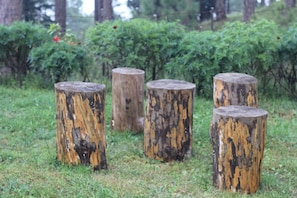 Cuatro troncos de madera en una zona cubierta de hierba, con vegetación al fondo.
