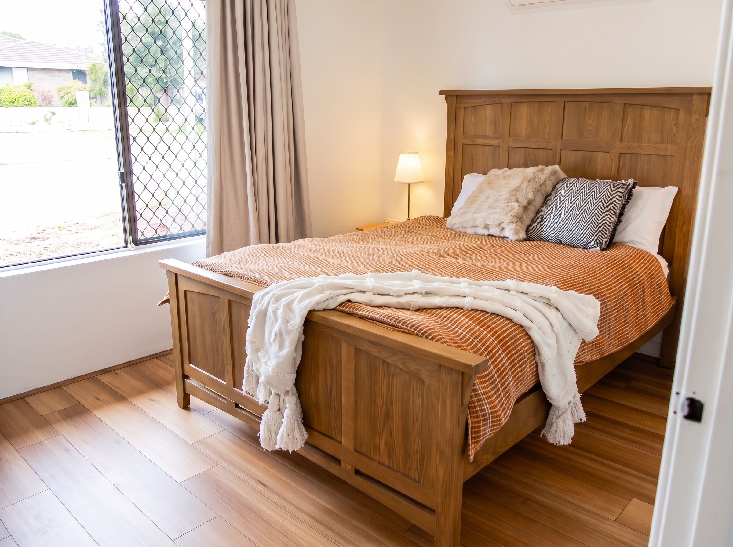 A wooden bed with a headboard, a window with curtains, a lamp, and a view of the outside.