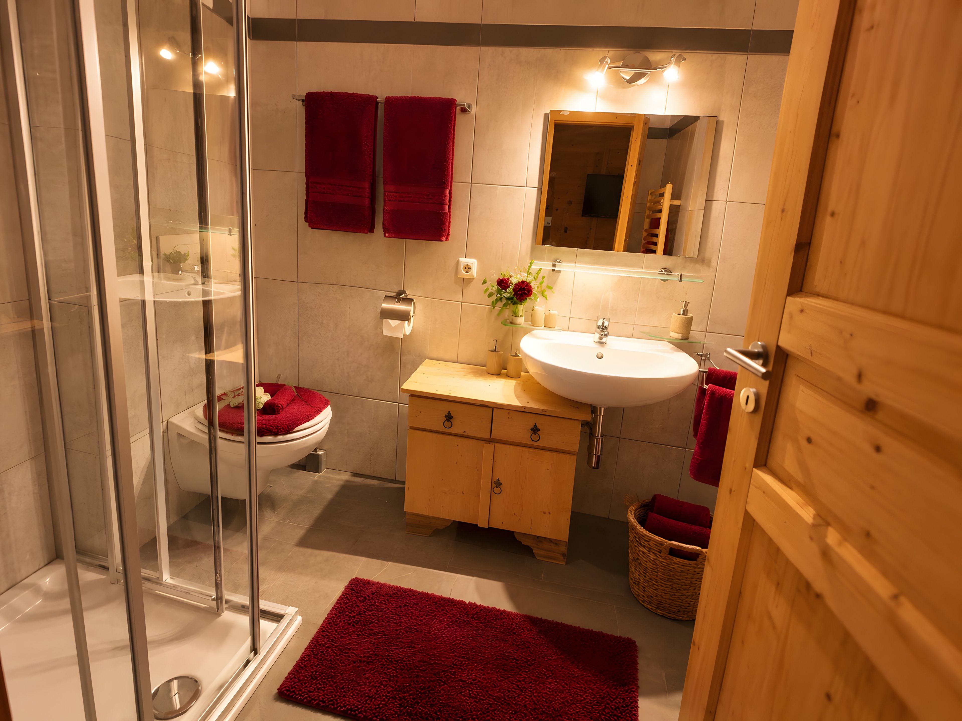Een moderne badkamer met een douchecabine van glas, een houten wastafelmeubel, een witte wastafel en een rode badmat.