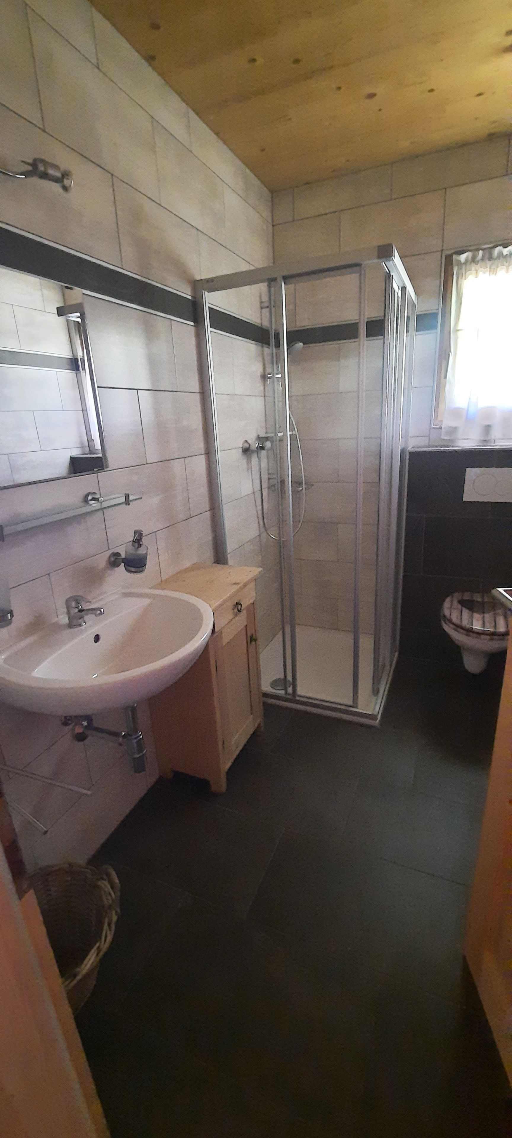 Ein Badezimmer mit einem weißen Waschbecken, einem Holzkorpus, einer Duschkabine aus Glas und einer Toilette.