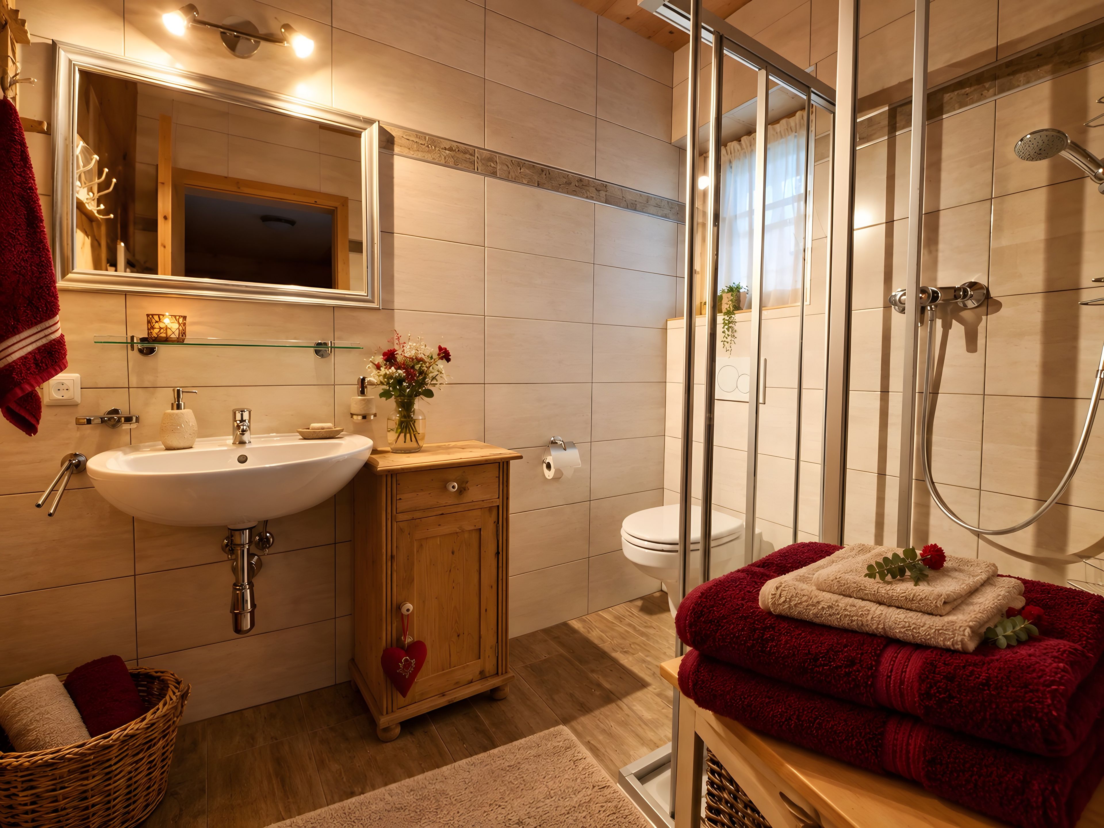 Ein Badezimmer mit Duschkabine aus Glas, einem weißen Waschbecken, einem Holzkabinent und einem roten Handtuch auf einem Holzschemel.
