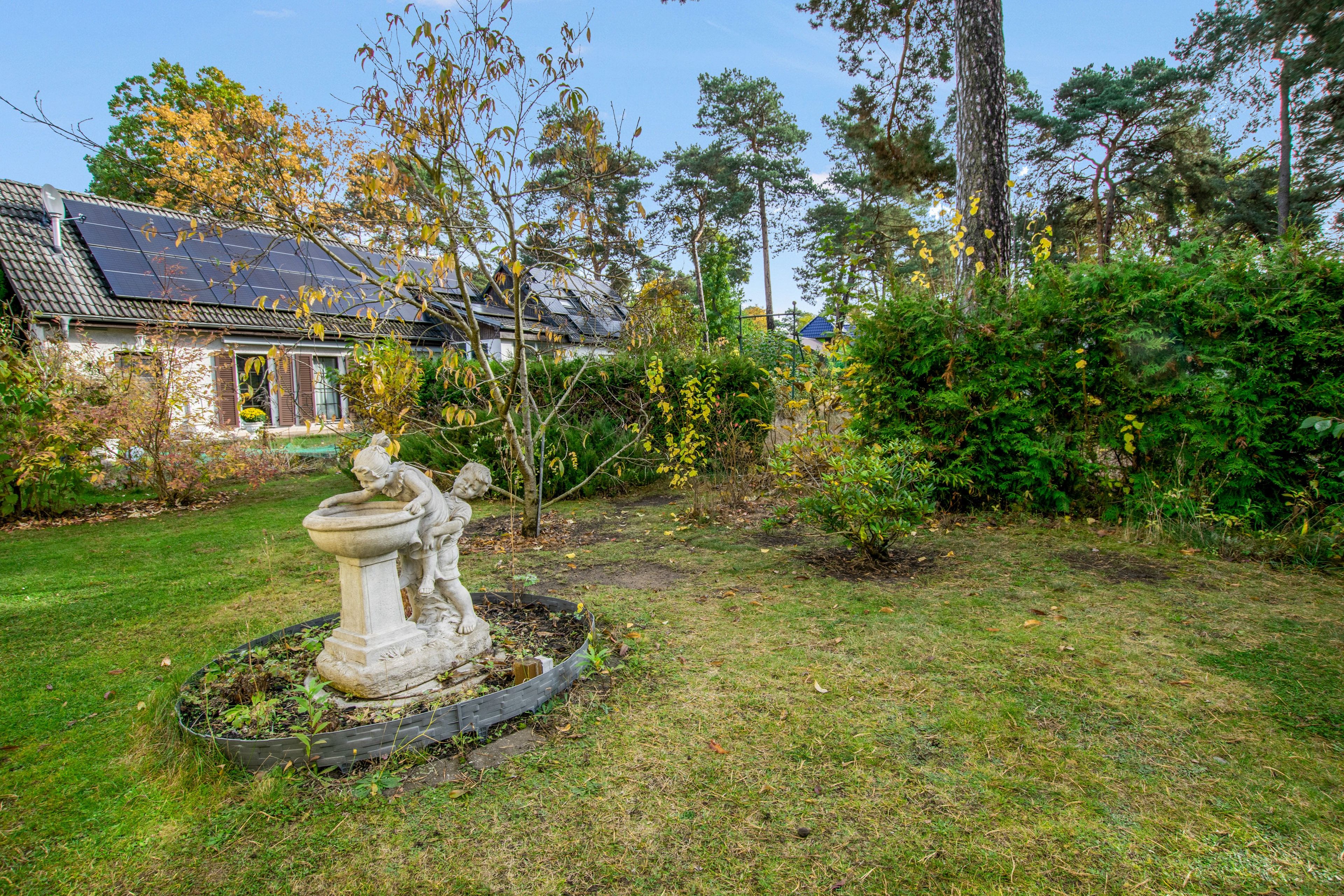 A garden with a statue, a house with solar panels, and a variety of trees and shrubs.