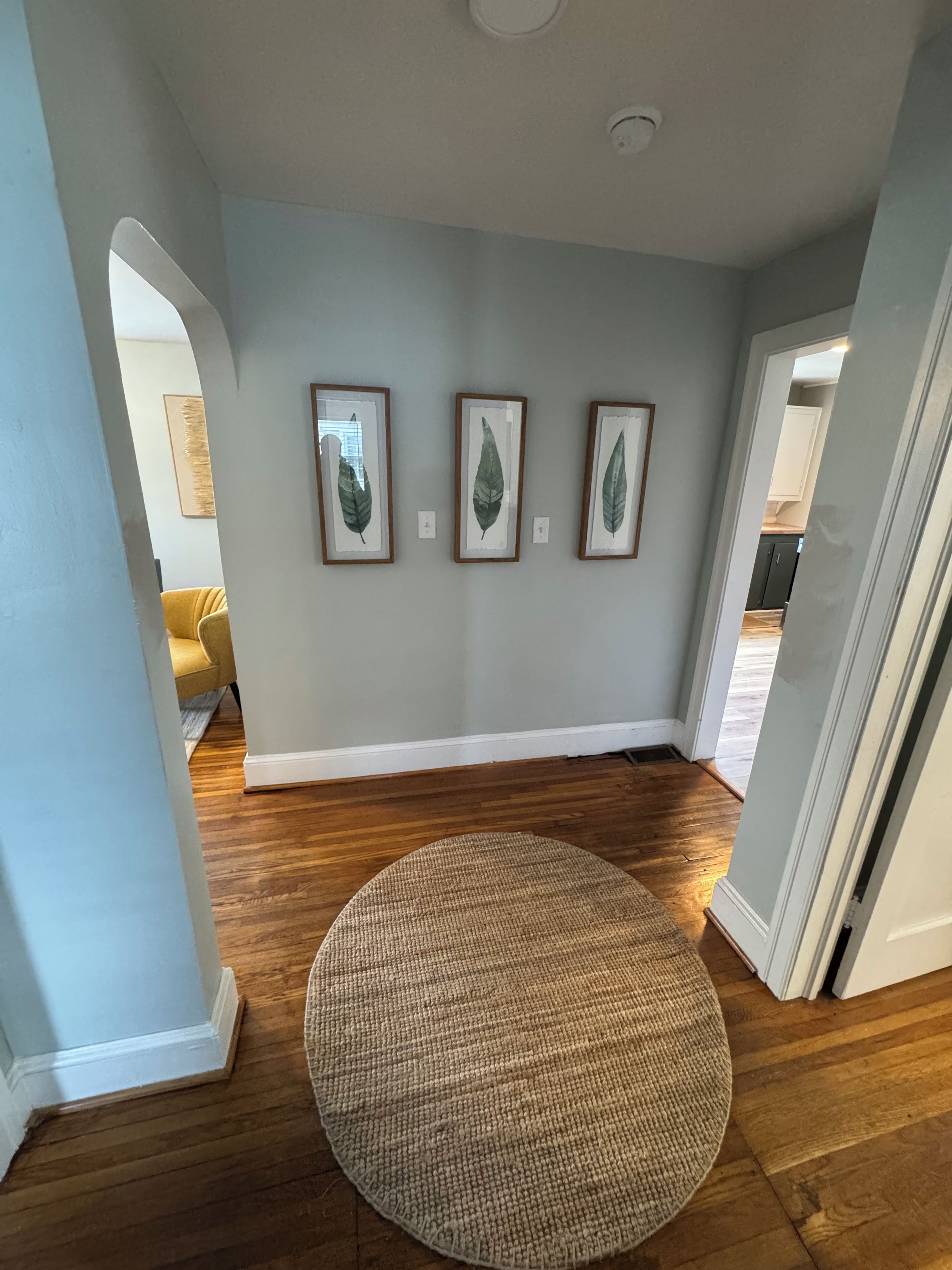 A hallway with wooden flooring, a round woven rug, and three framed leaf artworks on the wall.