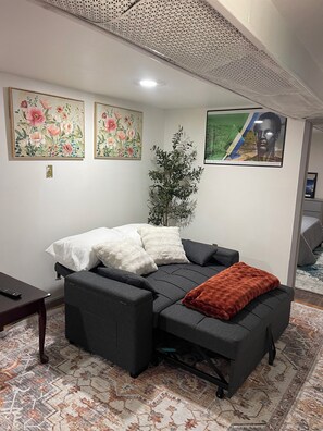 Una sala moderna con un sofá, una mesita y una planta decorativa.