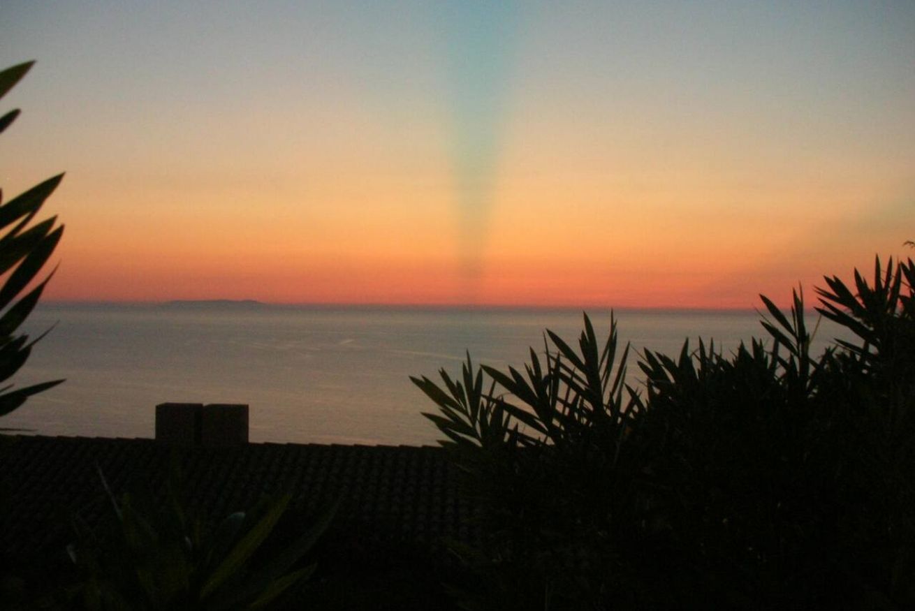 Een zonsondergang boven een wateroppervlak, met beplanting op de voorgrond.