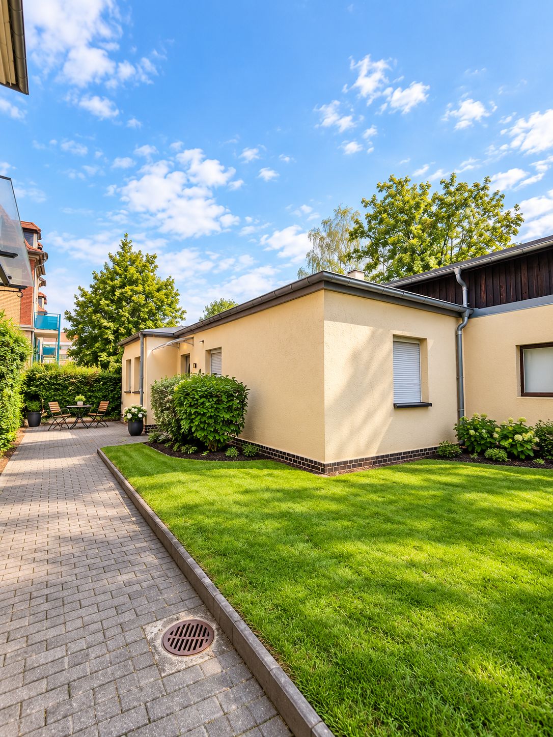A residential building with a paved driveway, a lawn, and a small patio area with outdoor furniture.