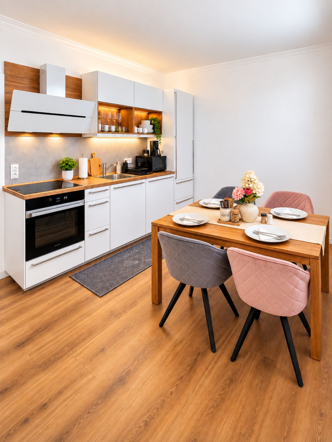 A modern kitchen with white cabinetry, a built-in oven, and a dining area with a wooden table and two chairs.