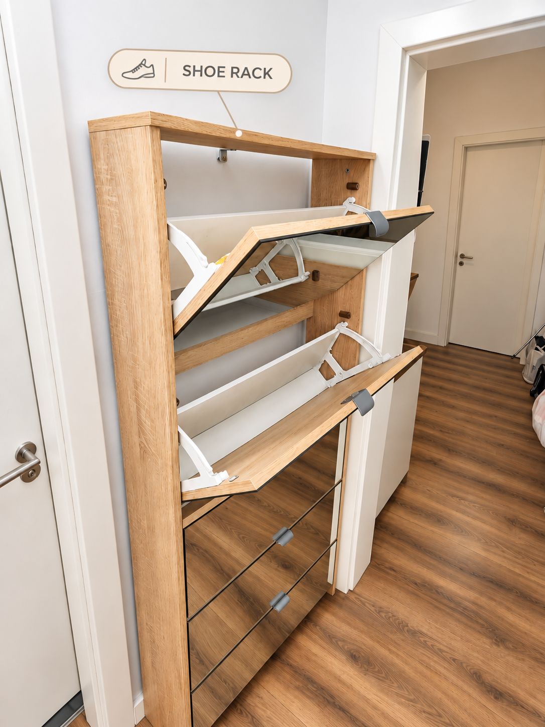 A shoe rack with multiple compartments, a wooden cabinet, and a door in the background.