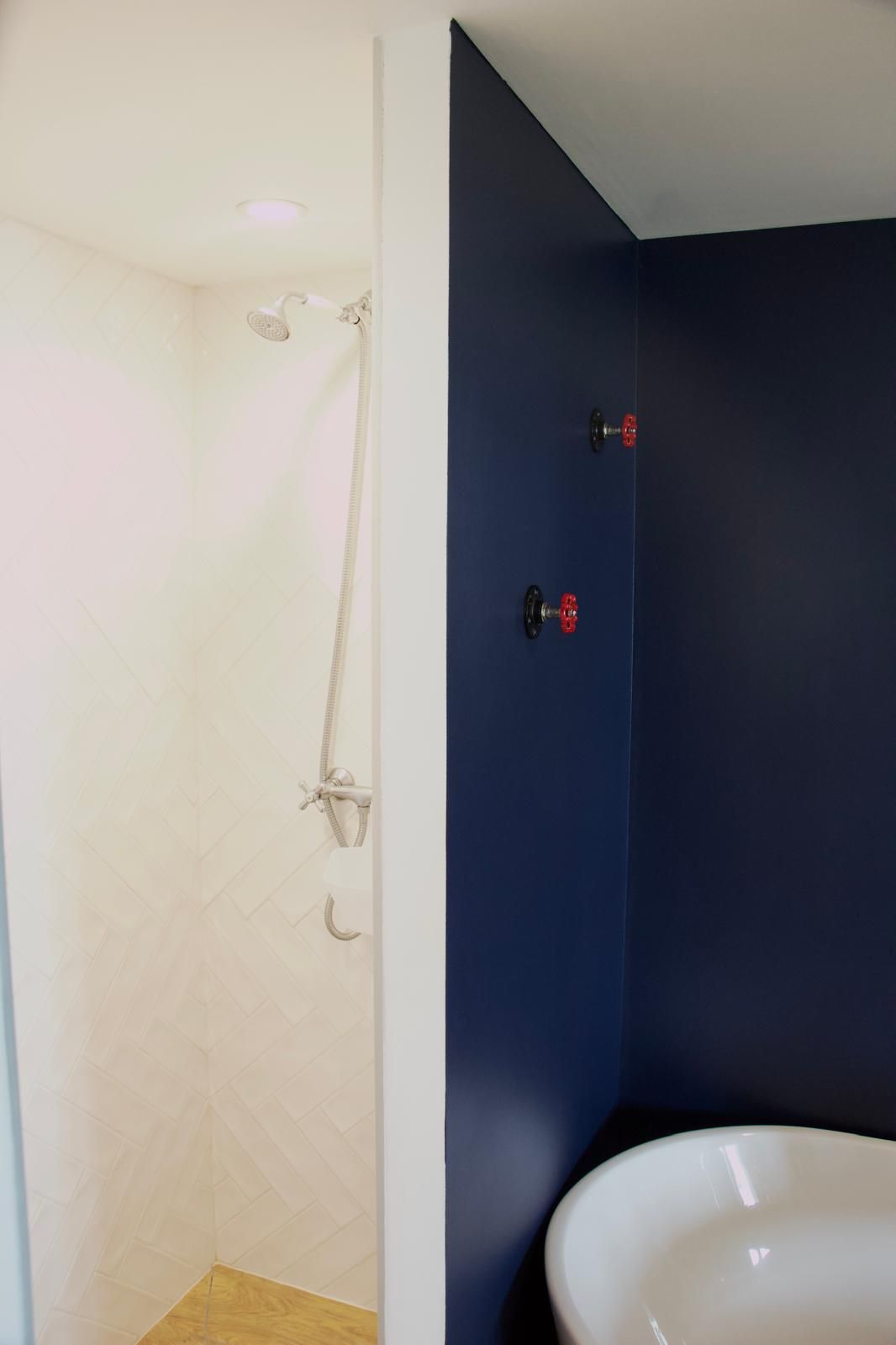 Ein Badezimmer mit Dusche, Waschbecken und einer dunkelblauen Wand.
