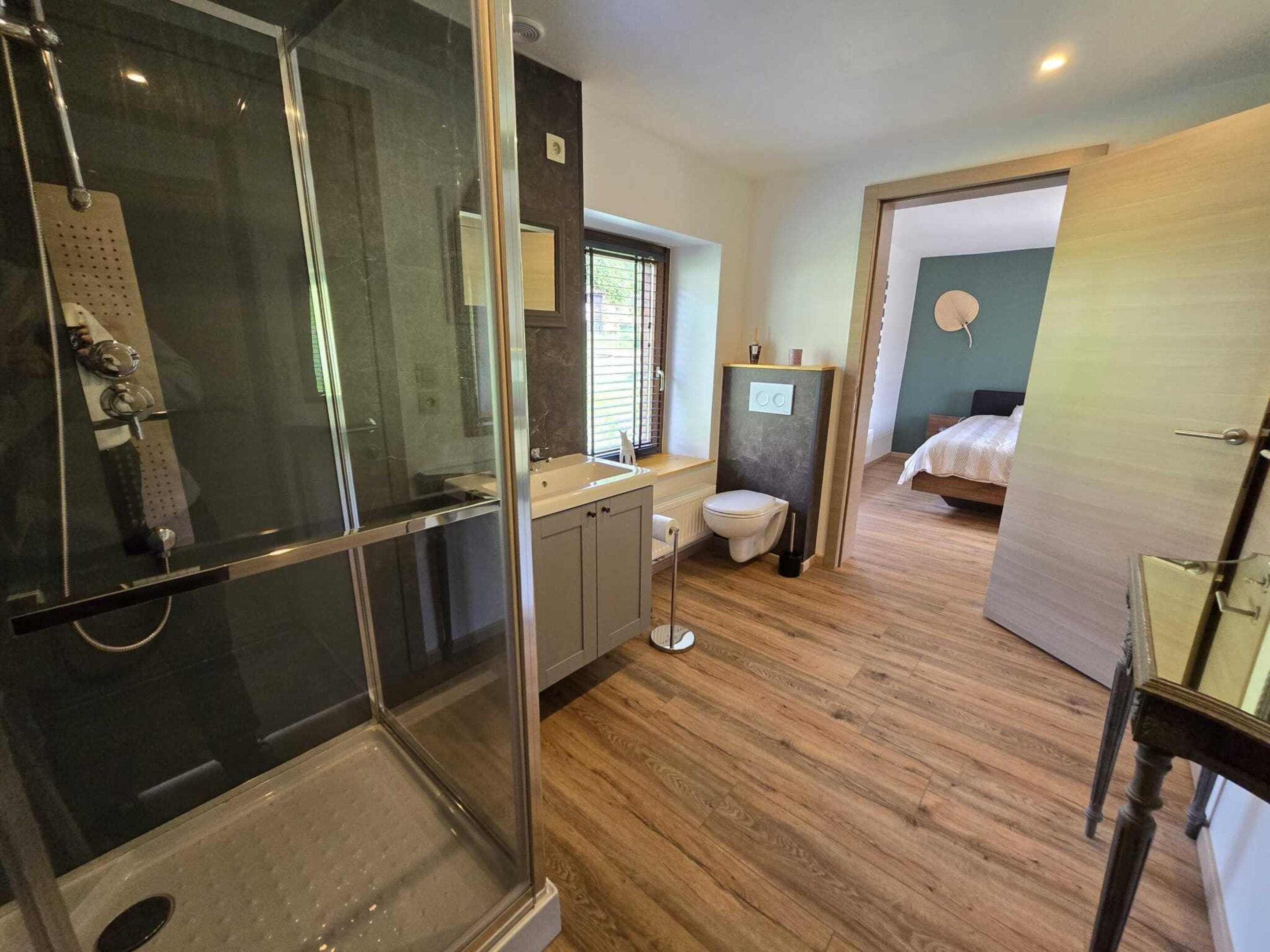 A modern bathroom with a glass-enclosed shower, a toilet, and a sink.
