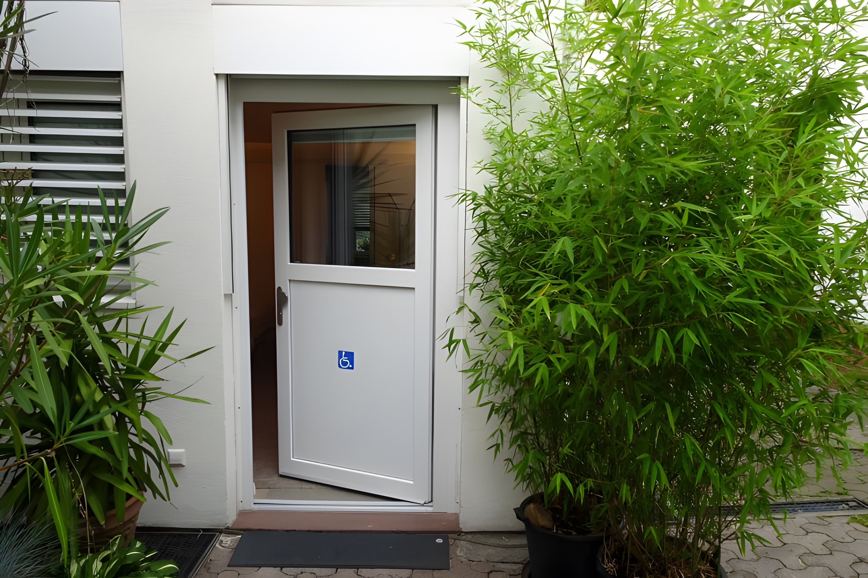 A white door with a blue accessibility symbol, a potted plant to the right, and a window with blinds partially drawn.
