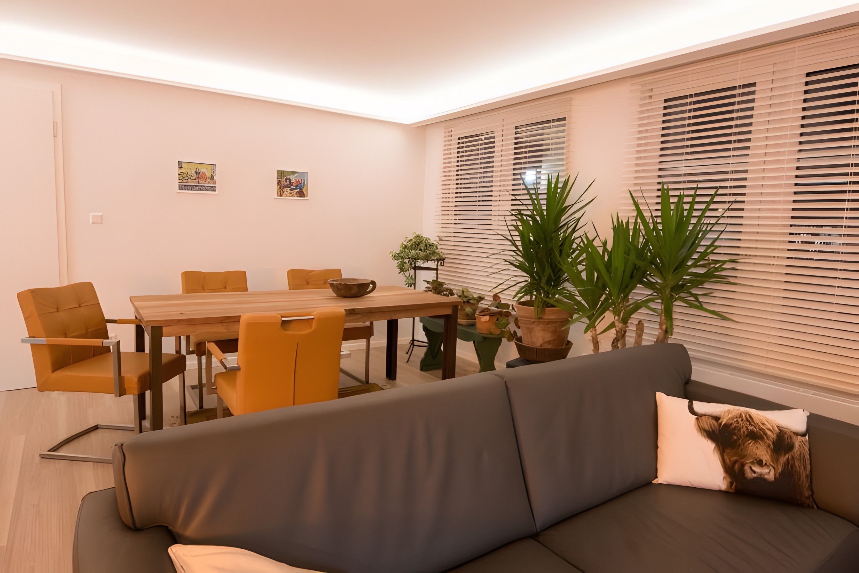 Una sala de estar moderna con un sofá, mesa de comedor, sillas y plantas en macetas.